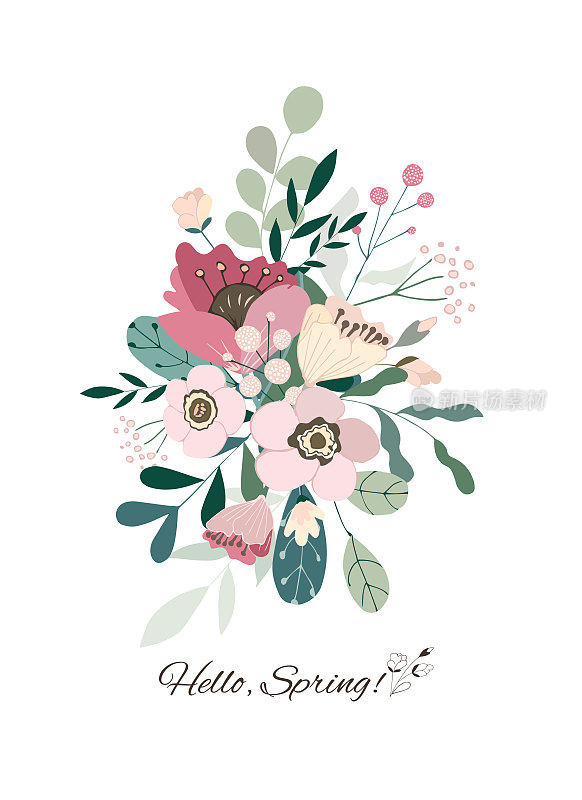 Hello Spring card你好春天卡片你好春天卡片上有夏天花卉元素的花束:花，树枝，绿叶，浆果。婚礼海报概念，妇女日3月8日和情人节，孩子的节日。矢量插图。